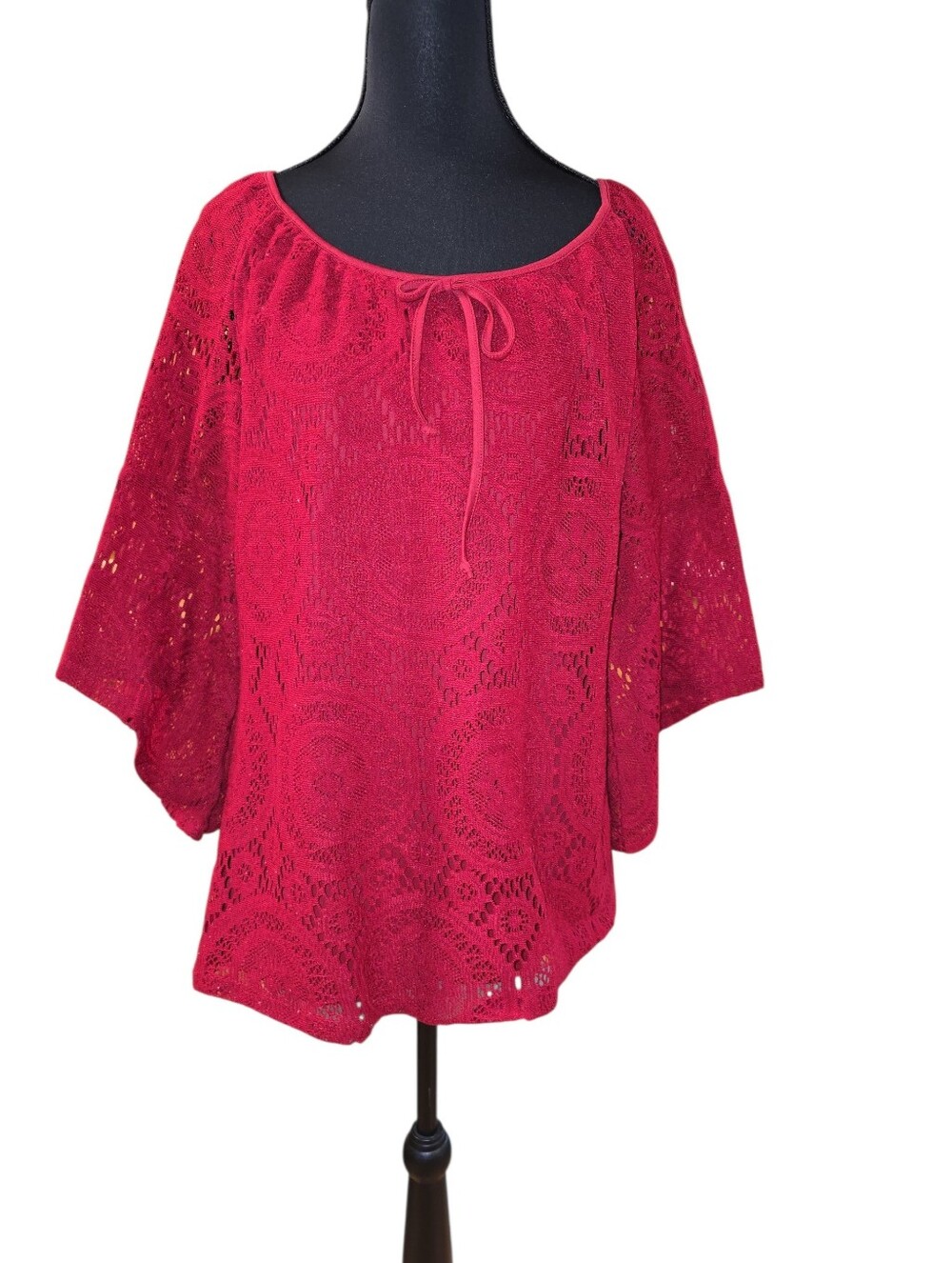 Tacera Boho Red Lace Batwing 3/4 Sleeve Blouse M